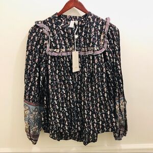 NWT Joie Prairie Peasant Blouse Small Blue Ruffles cotton long sleeves top